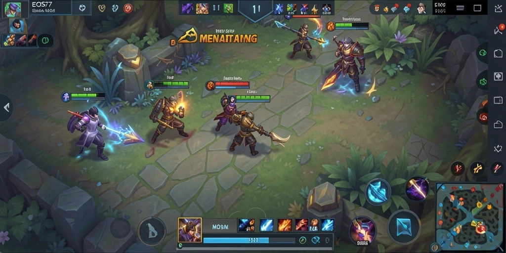 Screenshot gameplay <strong>EOS77</strong> menampilkan pertarungan seru antar pahlawan MOBA.