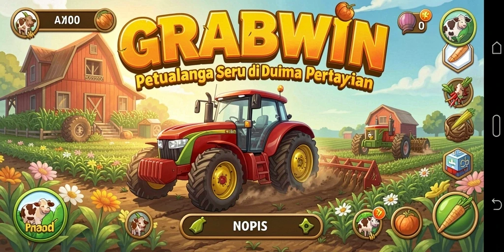 Screenshot gameplay GRABWIN menampilkan aktivitas bertani yang menarik.