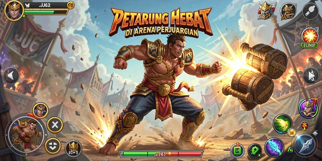 Tampilan gameplay <strong>JJ62</strong> dengan pertarungan yang epik dan karakter yang dinamis.