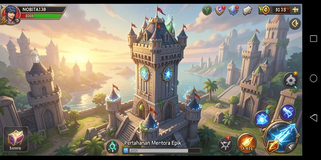 Screenshot gameplay NOBITA138 menunjukkan aksi pertahanan menara yang seru.