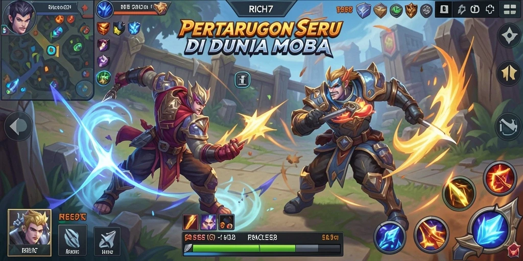 Screenshot gameplay RICH7 menampilkan aksi pertarungan MOBA yang seru.